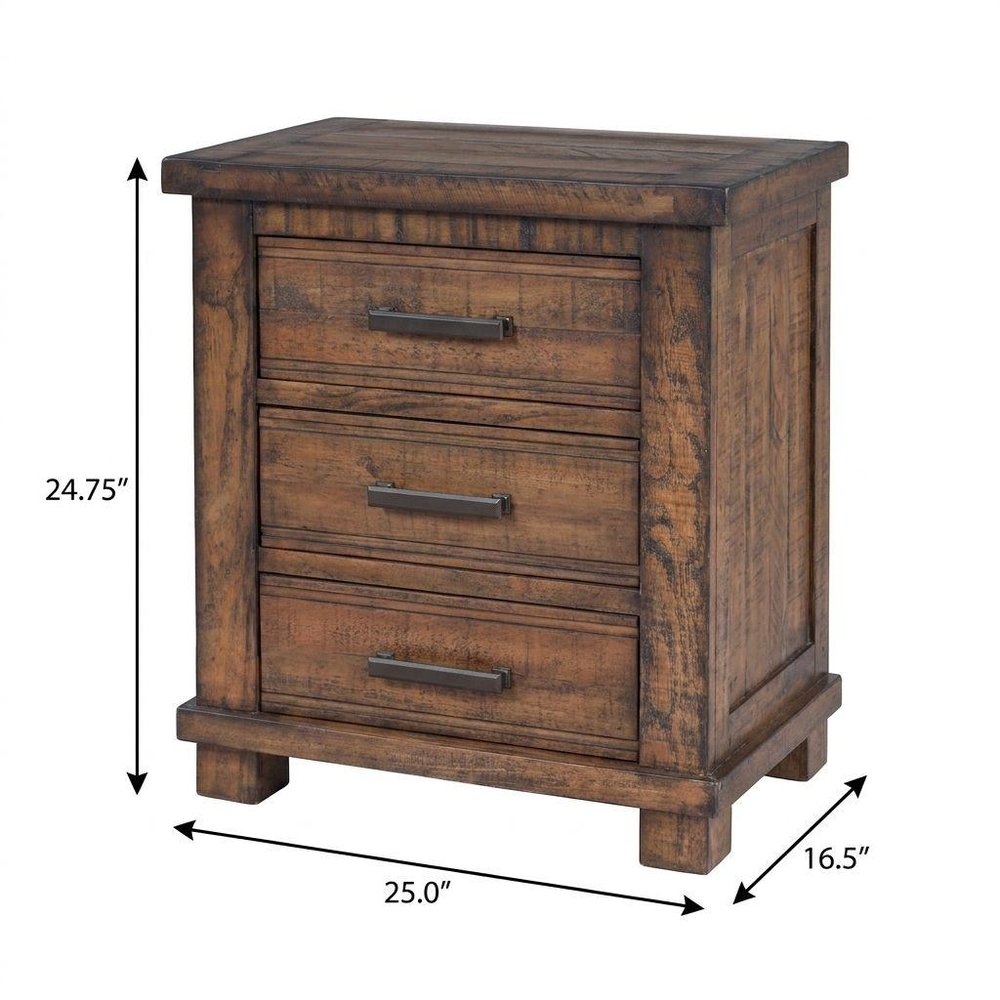 25" Natural Solid Wood Three Drawer Nightstand