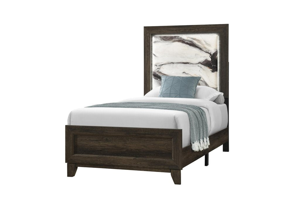 Brown Wood And Upholstery Lighted Upholstered Twin Bed Frame