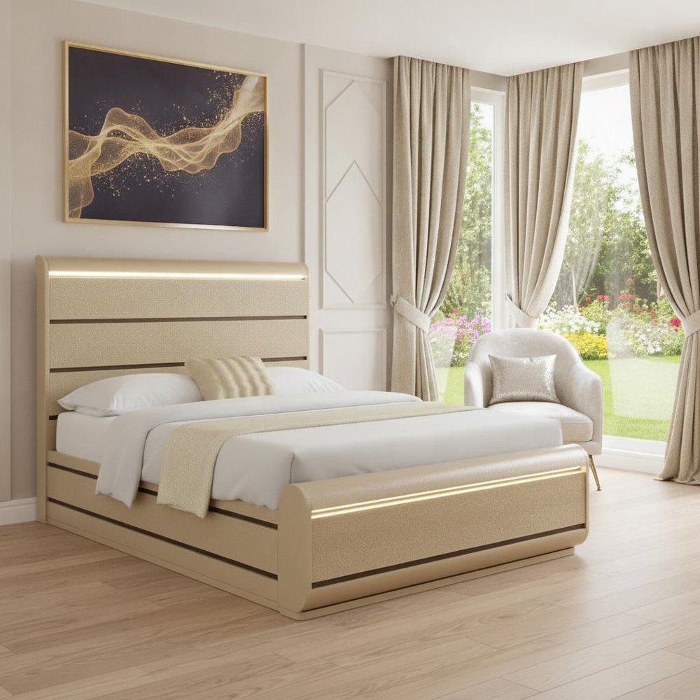 Gold Wood Lighted Queen Bed Frame