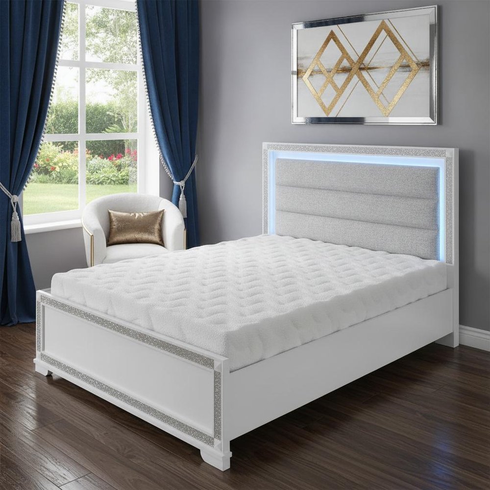 White Faux Crystal Bling Wood Lighted Queen Bed Frame