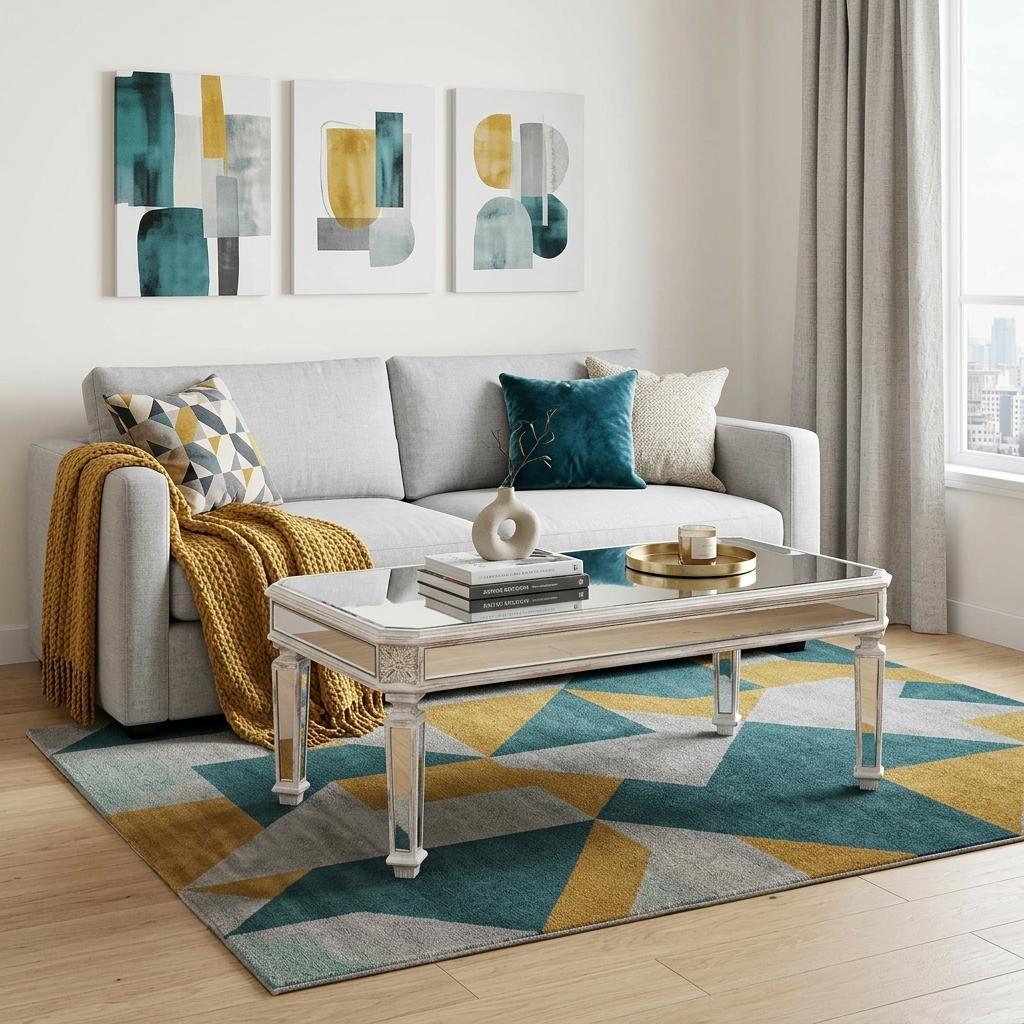 48" Silver And White Mirrored Glass And Wood Coffee Table