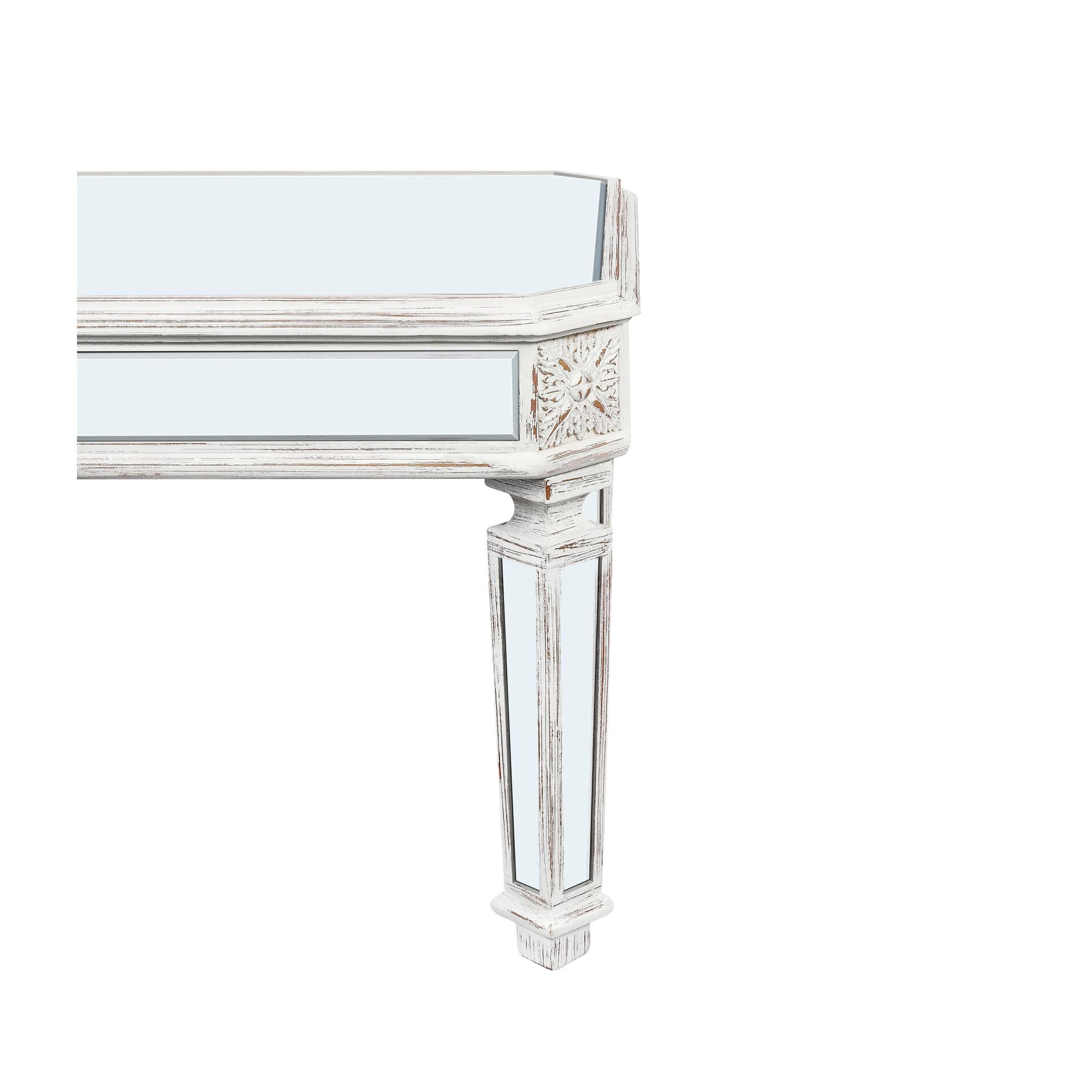 48" Silver And White Mirrored Glass And Wood Coffee Table