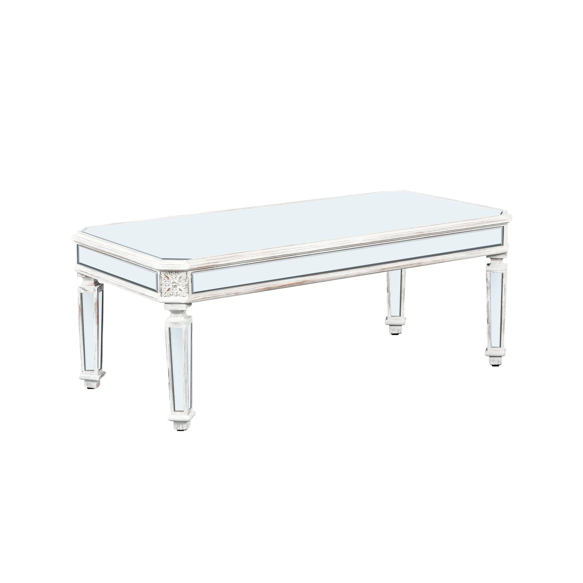 48" Silver And White Mirrored Glass And Wood Coffee Table