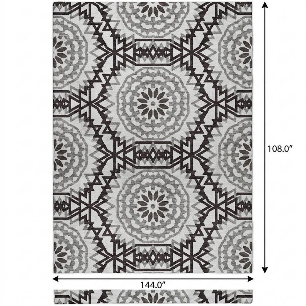 9' X 12' White And Black Floral Shag Washable Area Rug With UV Protection