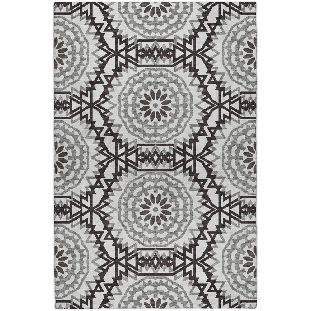 9' X 12' White And Black Floral Shag Washable Area Rug With UV Protection