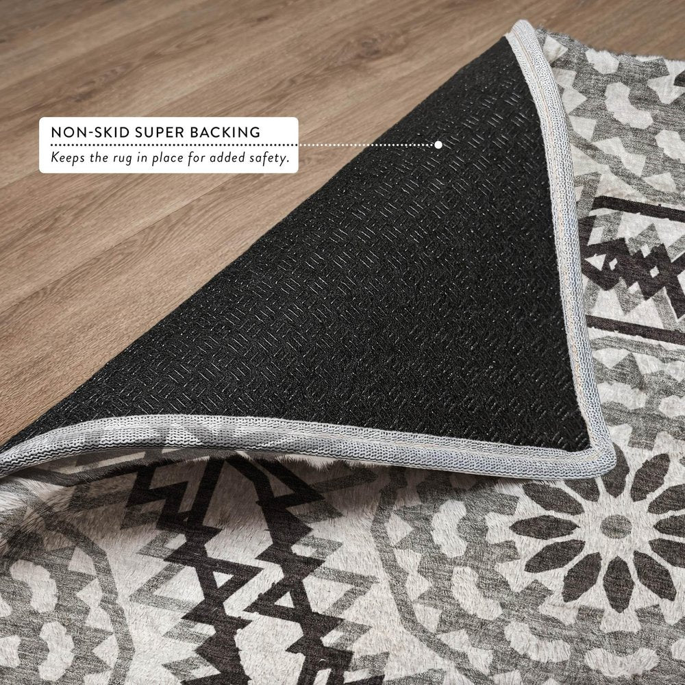 9' X 12' White And Black Floral Shag Washable Area Rug With UV Protection
