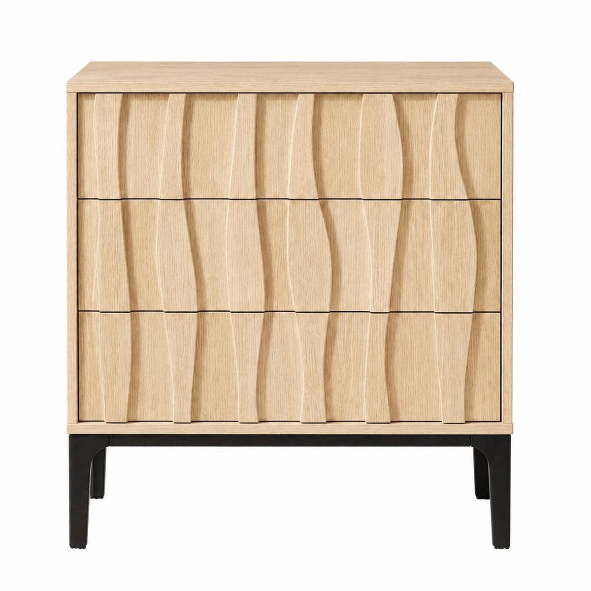 26" Natural Wood Carved Abstract Three Drawer Nightstand