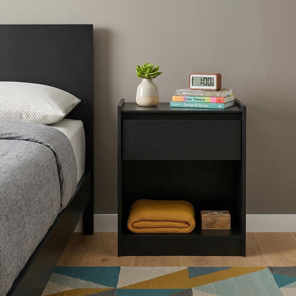 24" Black Wood One Drawer Nightstand