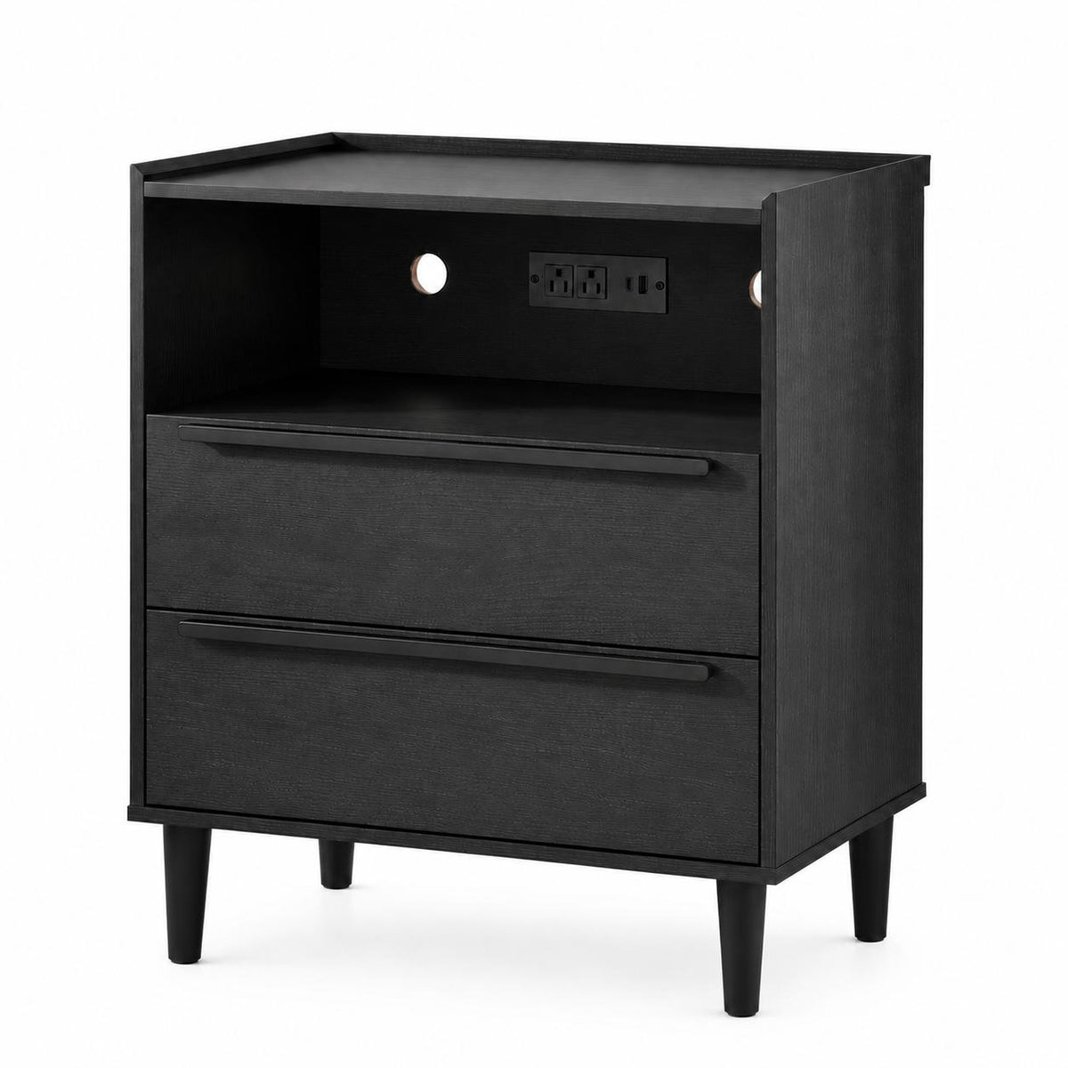 26" Black Wood Two Drawer Nightstand with USB Port and Integrated Tech