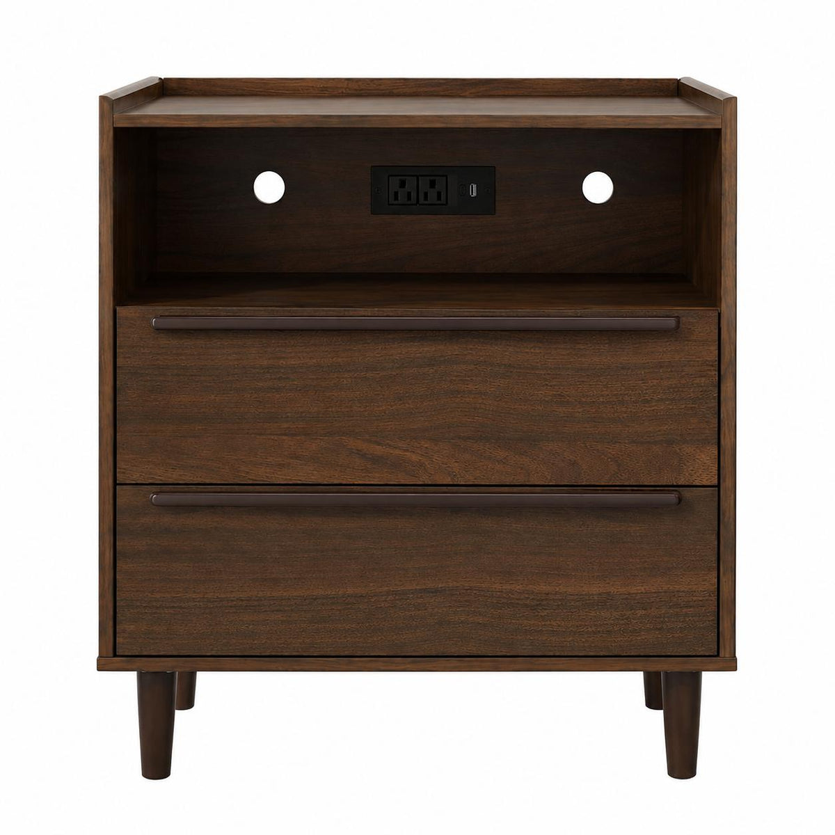 26" Espresso Wood Two Drawer Nightstand with USB Port and Integrated Tech