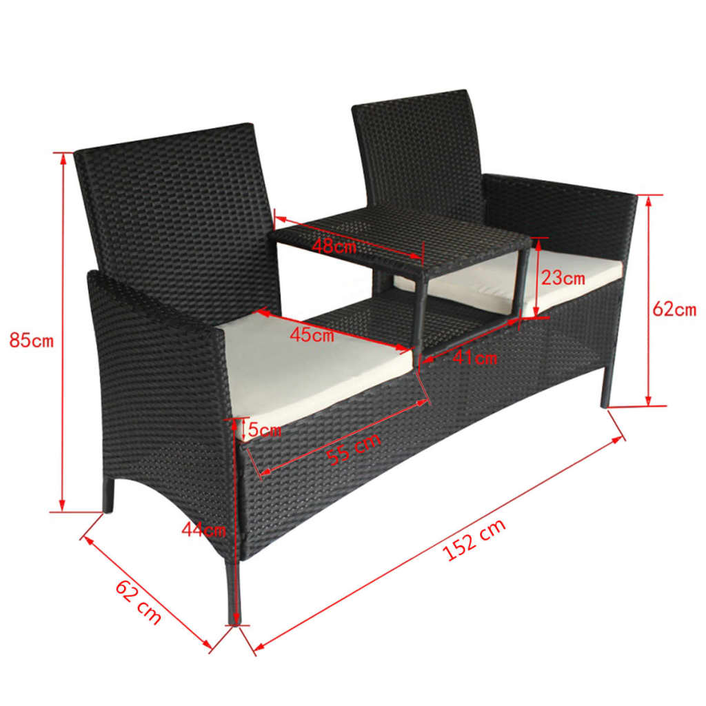 vidaXL 2-Seater Patio Sofa Outdoor Bistro Set Sofa with Tea Table Poly Rattan-12