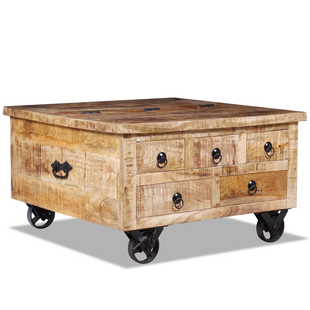 vidaXL Coffee Table with Wheels Side End Table with Drawer Solid Wood Mango-1