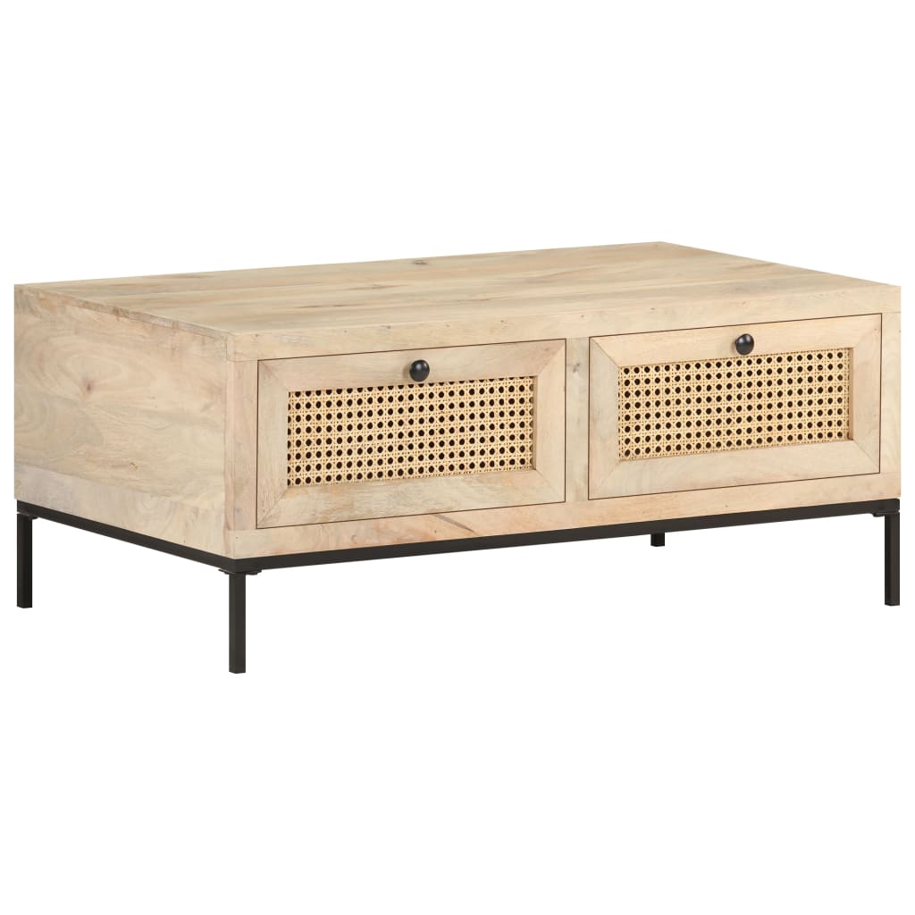 vidaXL Coffee Table 35.4"x19.7"x14.6" Solid Mango Wood and Natural Cane-0