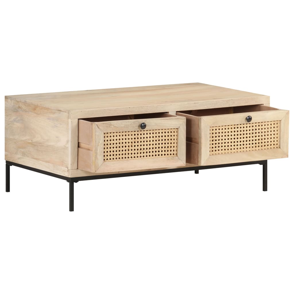 vidaXL Coffee Table 35.4"x19.7"x14.6" Solid Mango Wood and Natural Cane-3