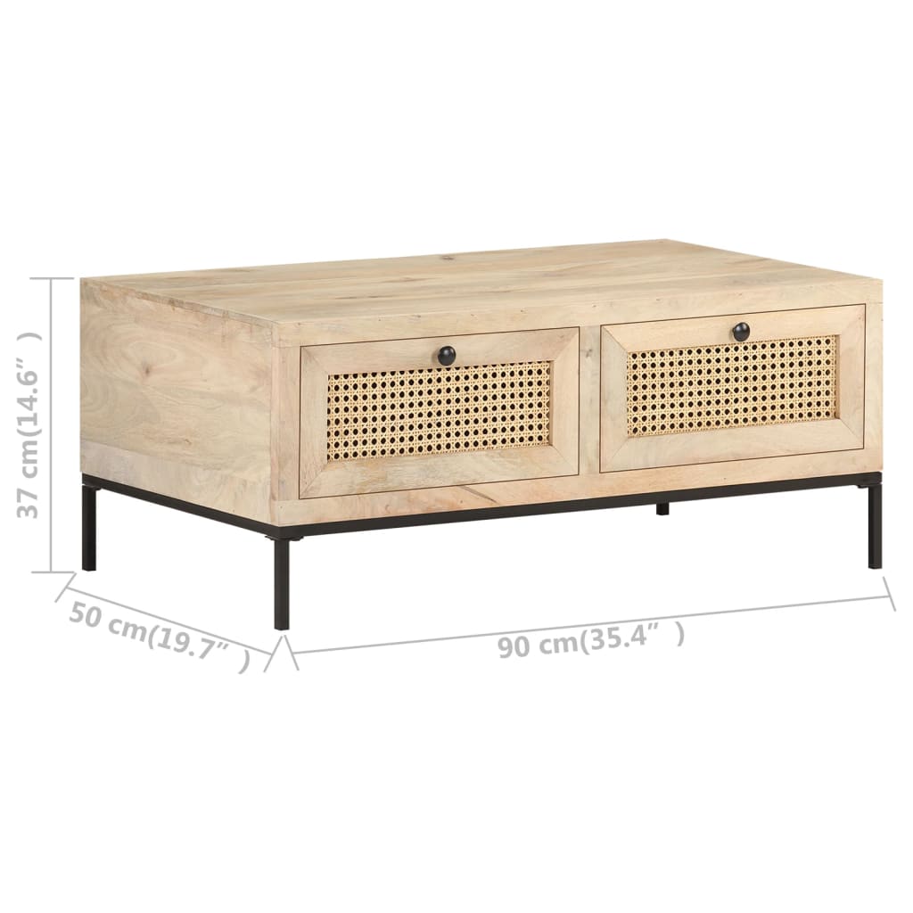 vidaXL Coffee Table 35.4"x19.7"x14.6" Solid Mango Wood and Natural Cane-6