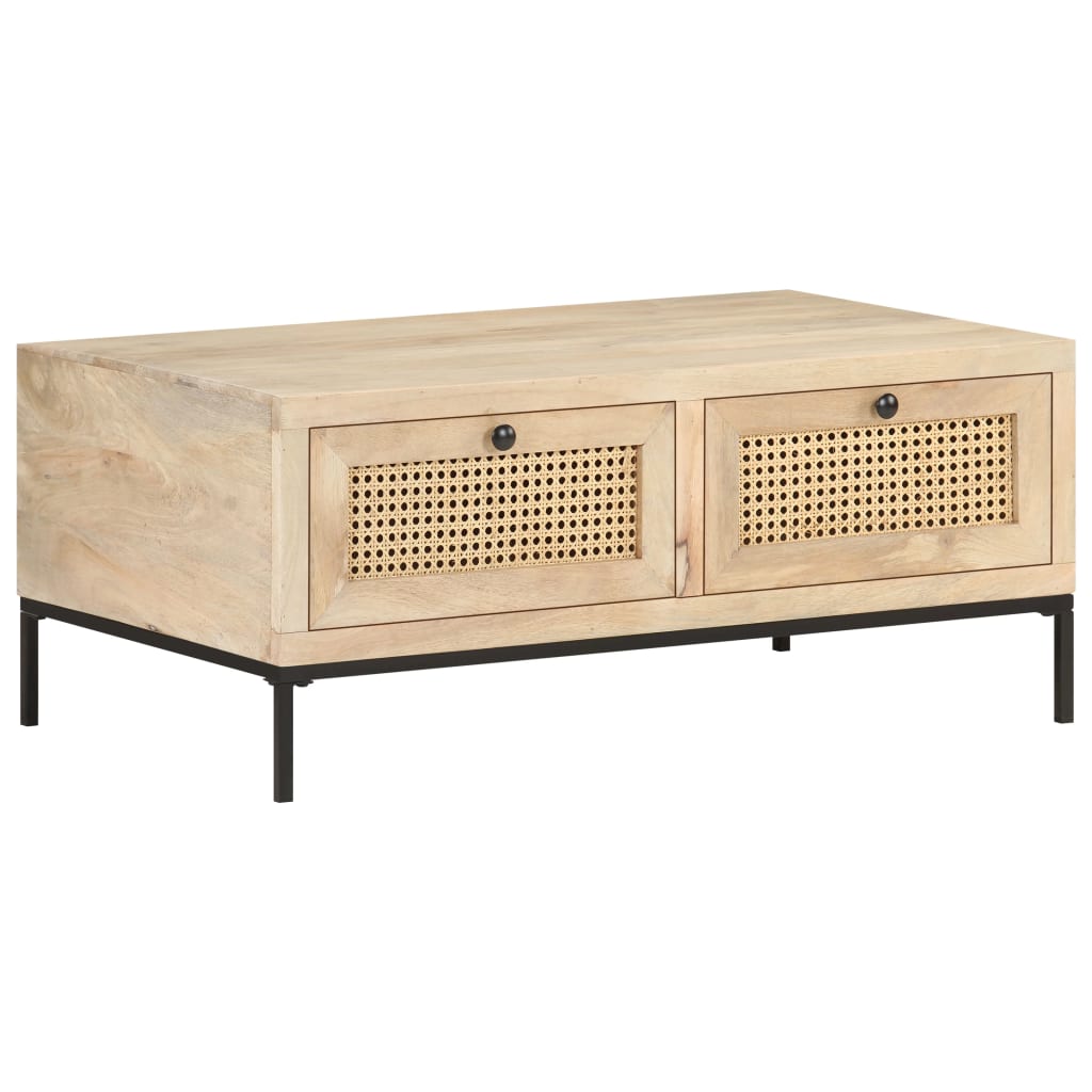 vidaXL Coffee Table 35.4"x19.7"x14.6" Solid Mango Wood and Natural Cane-7