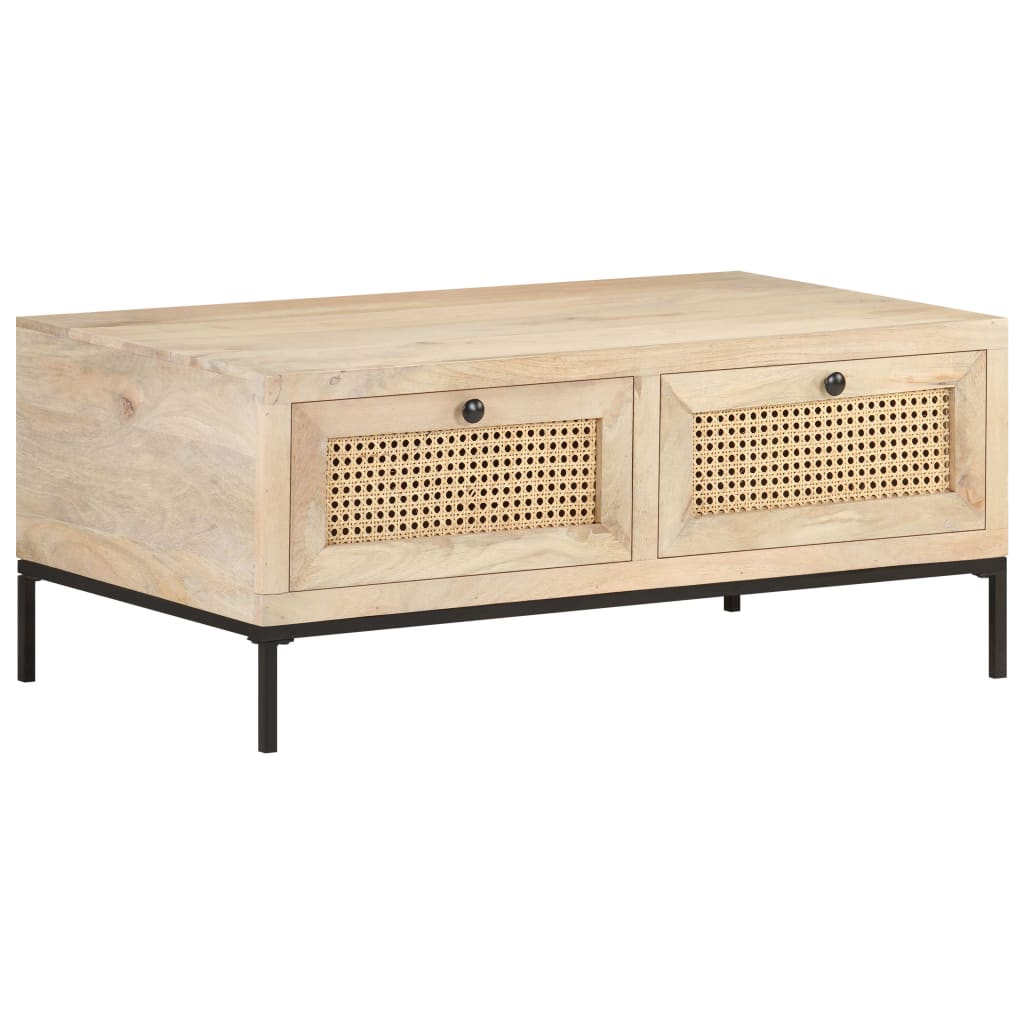 vidaXL Coffee Table 35.4"x19.7"x14.6" Solid Mango Wood and Natural Cane-8