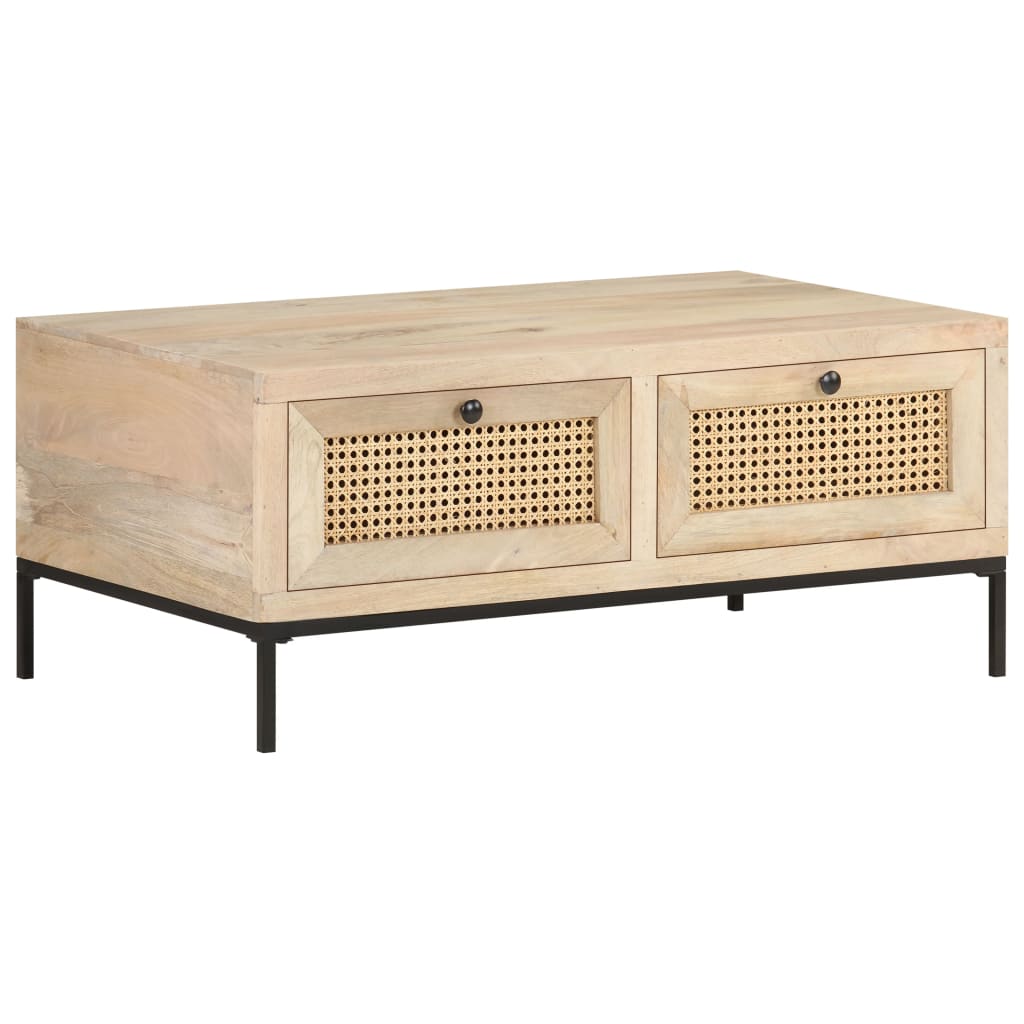 vidaXL Coffee Table 35.4"x19.7"x14.6" Solid Mango Wood and Natural Cane-9