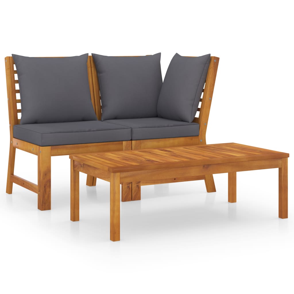 vidaXL 3 Piece Patio Lounge Set with Dark Gray Cushion Solid Acacia Wood-0