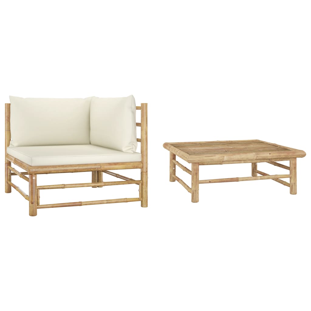 vidaXL 2 Piece Patio Lounge Set with Cream White Cushions Bamboo-0