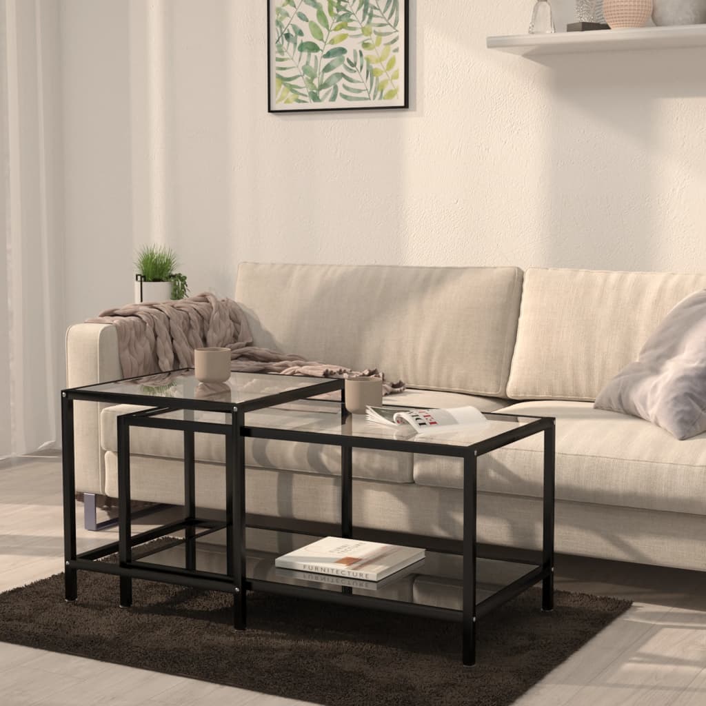 vidaXL Tea Tables Accent Coffee Side Table 2 Pcs Tempered Glass Transparent-3