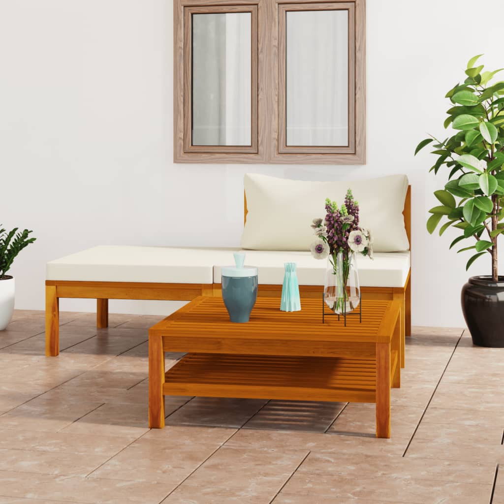 vidaXL 3 Piece Patio Lounge Set with Cream White Cushions Acacia Wood-20