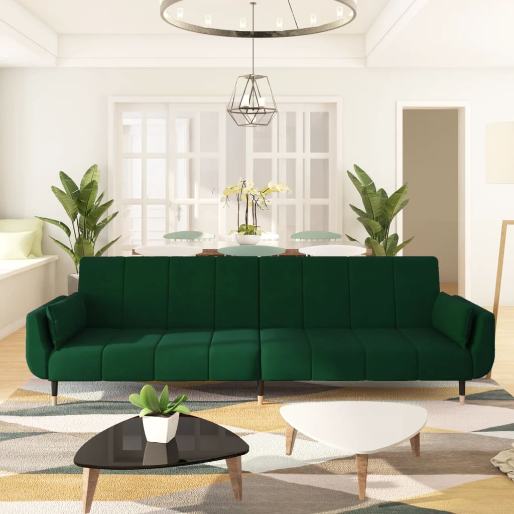 vidaXL 2-Seater Sofa Bed with Two Pillows Dark Green Velvet-0