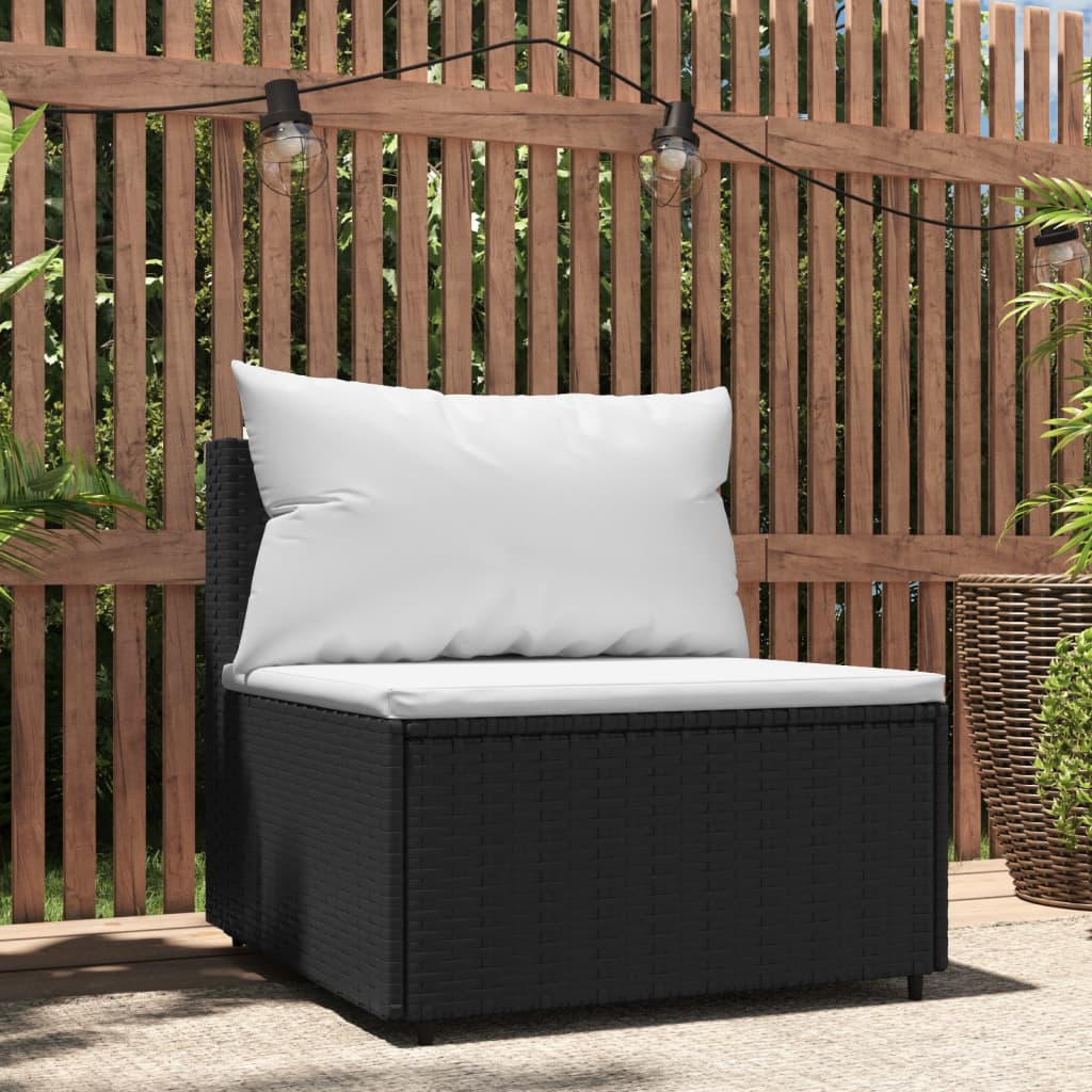 vidaXL Patio Middle Sofa with Cushions Black Poly Rattan-0