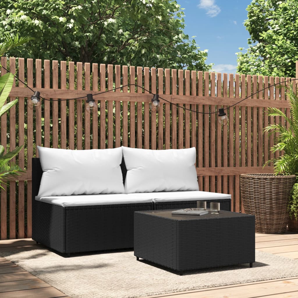 vidaXL 3 Piece Patio Lounge Set with Cushions Black Poly Rattan-0