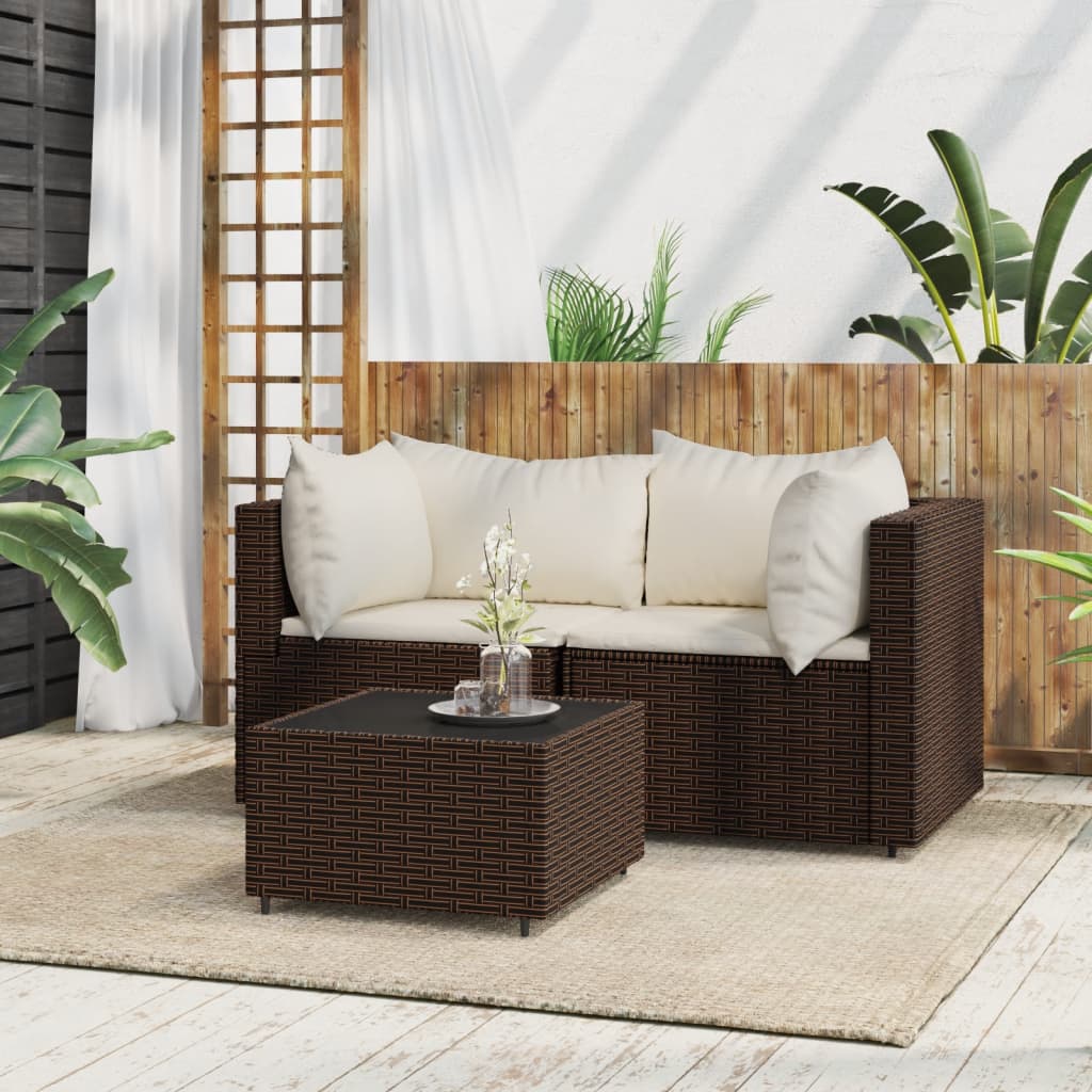 vidaXL 3 Piece Patio Lounge Set with Cushions Brown Poly Rattan-0