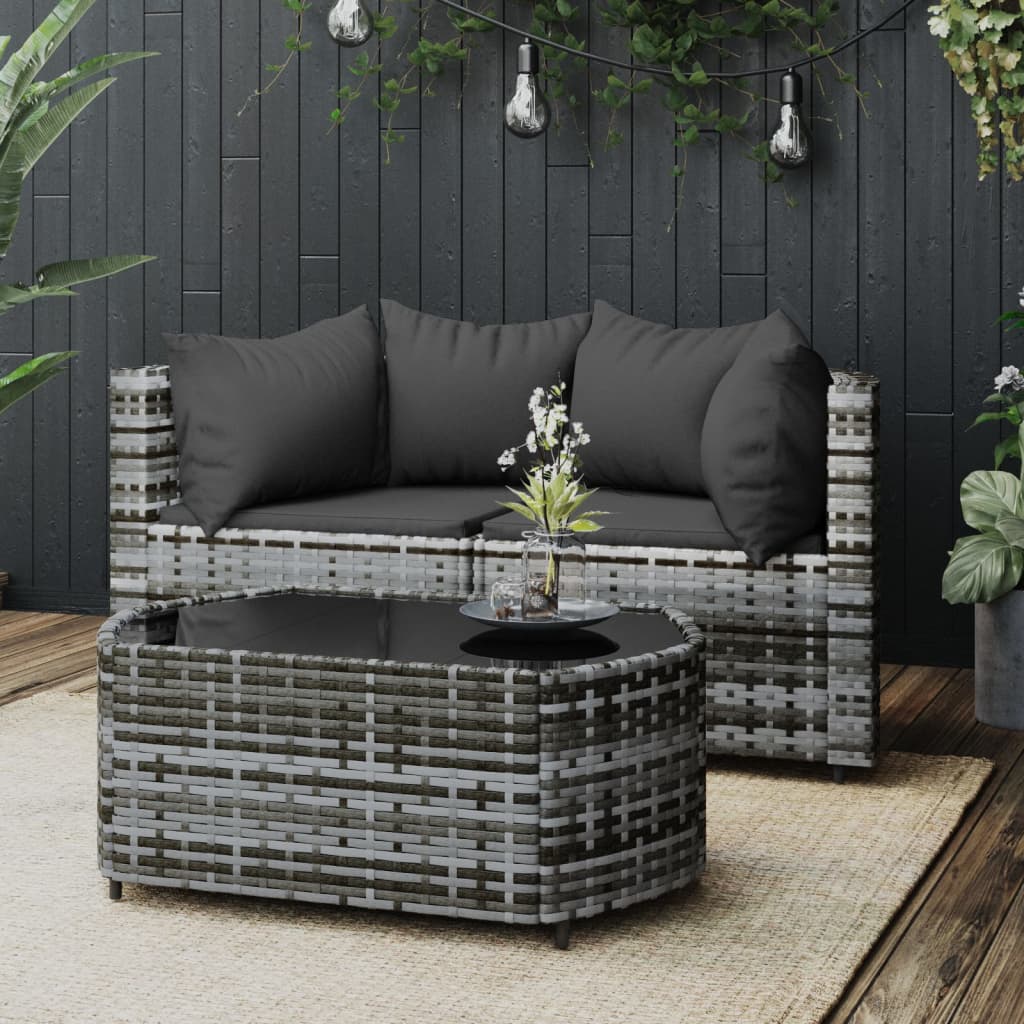 vidaXL 3 Piece Patio Lounge Set with Cushions Gray Poly Rattan-0