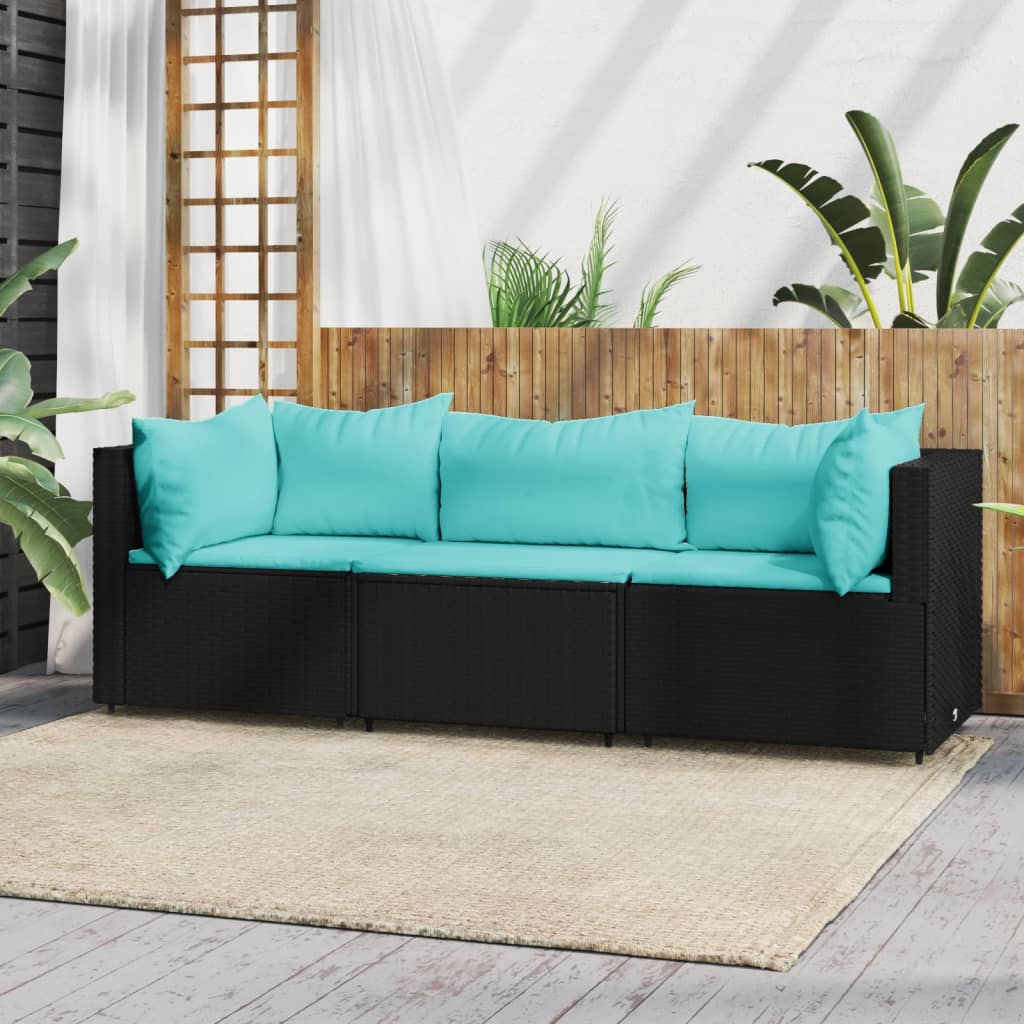 vidaXL 3 Piece Patio Lounge Set with Cushions Black Poly Rattan-0
