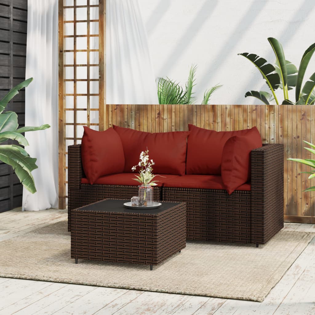 vidaXL 3 Piece Patio Lounge Set with Cushions Brown Poly Rattan-0