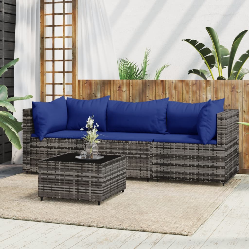 vidaXL 4 Piece Patio Lounge Set with Cushions Gray Poly Rattan-0