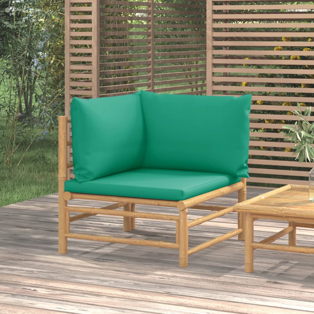 vidaXL Patio Corner Sofa with Green Cushions Bamboo-0