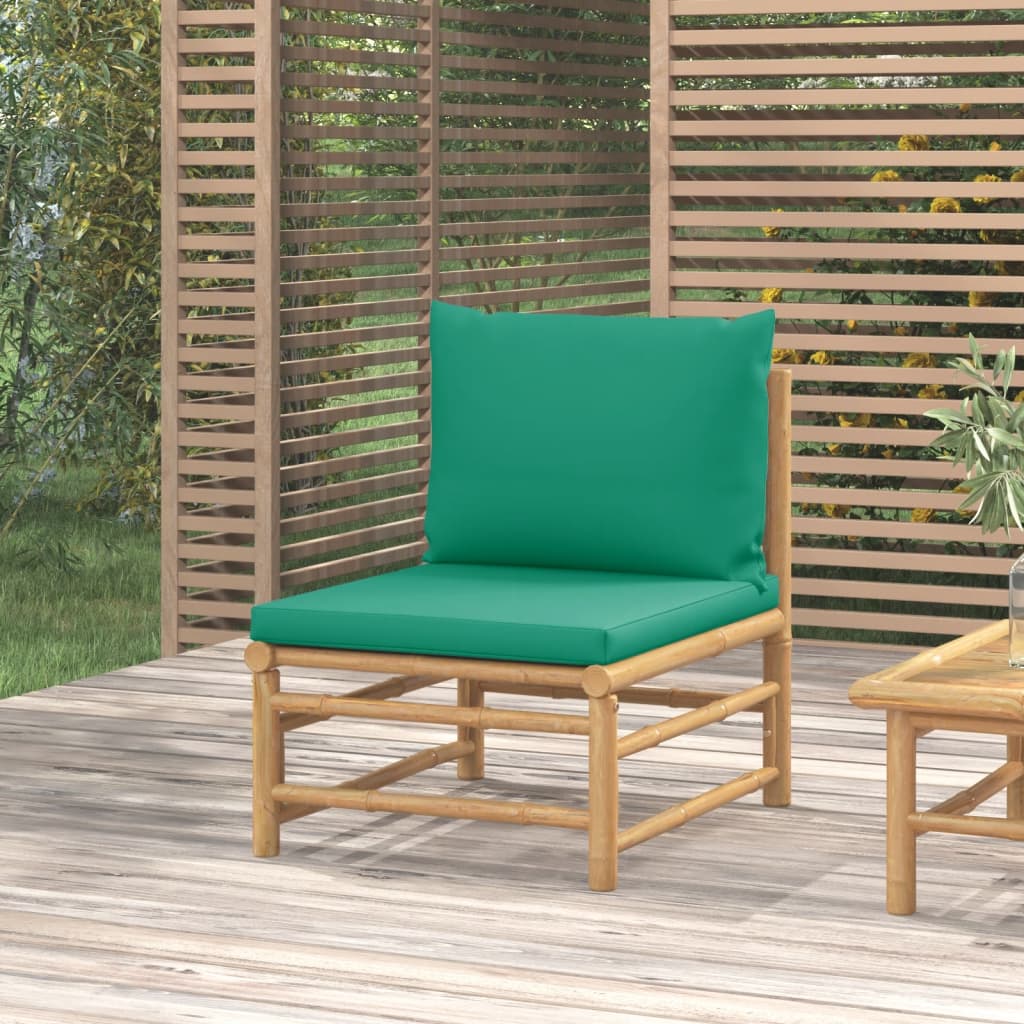 vidaXL Patio Middle Sofa with Green Cushions Bamboo-0