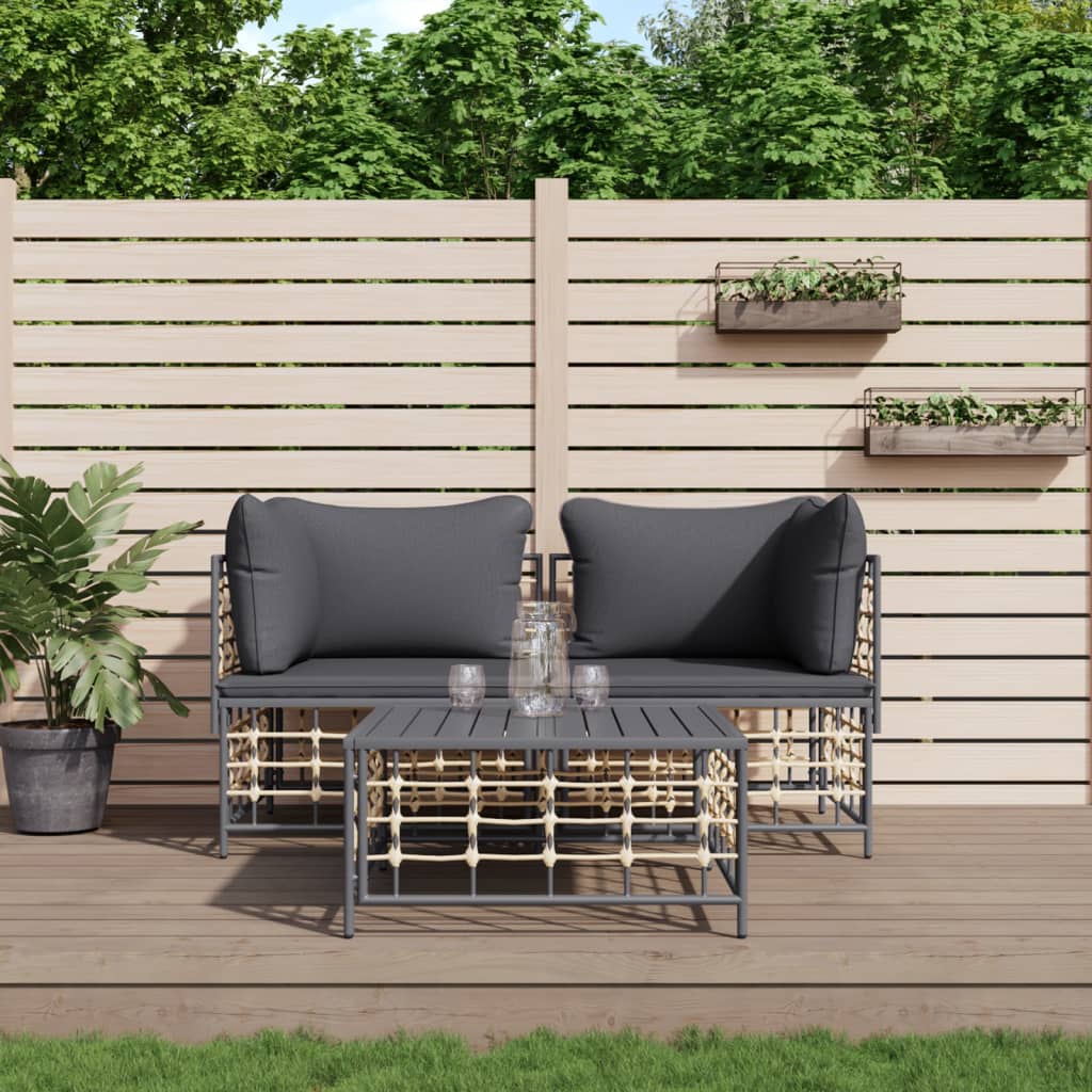 vidaXL 3 Piece Patio Lounge Set with Cushions Anthracite Poly Rattan-0