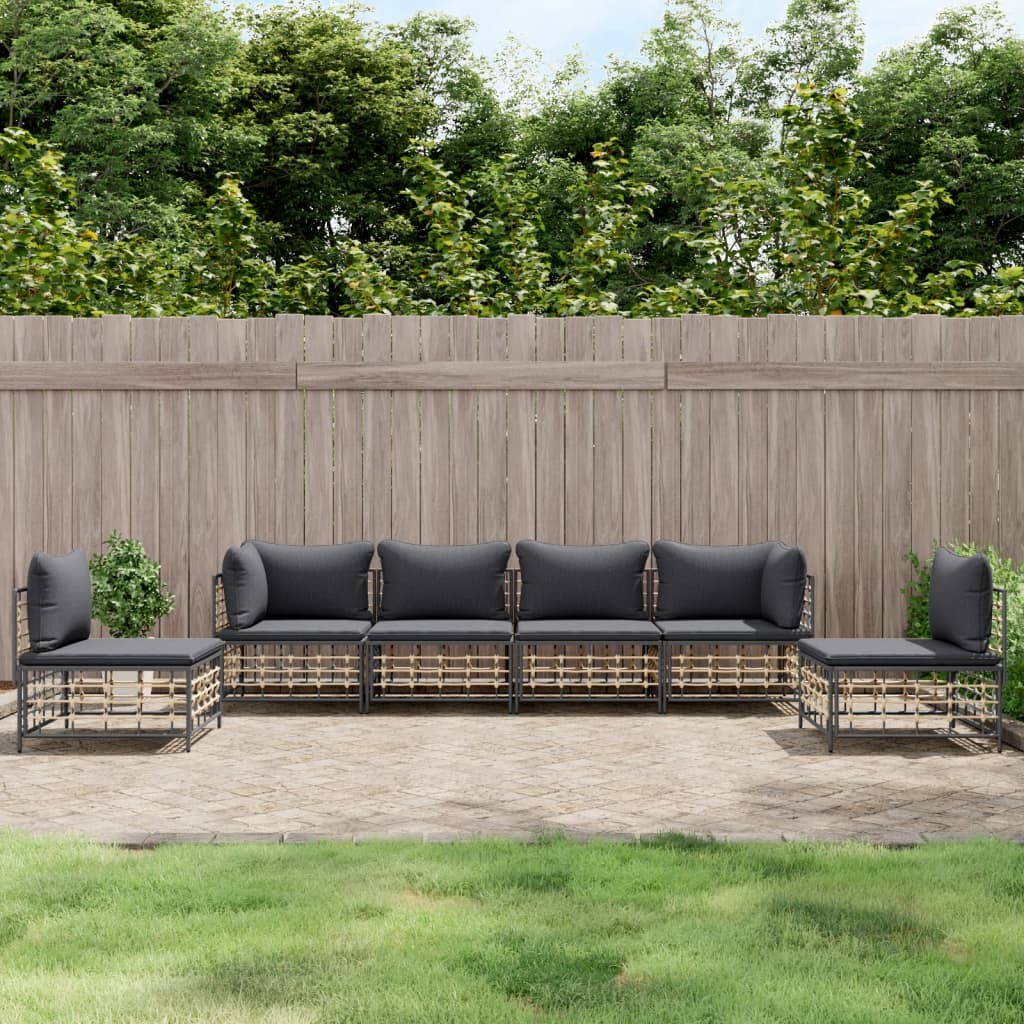 vidaXL 6 Piece Patio Lounge Set with Cushions Anthracite Poly Rattan-0