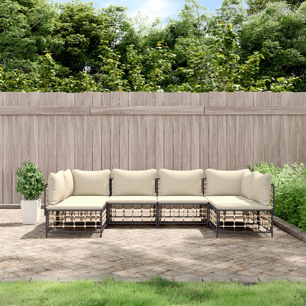 vidaXL 6 Piece Patio Lounge Set with Cushions Anthracite Poly Rattan-0
