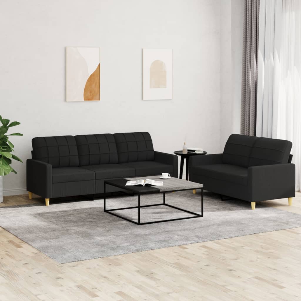 vidaXL 2 Piece Sofa Set with Cushions Black Fabric-0