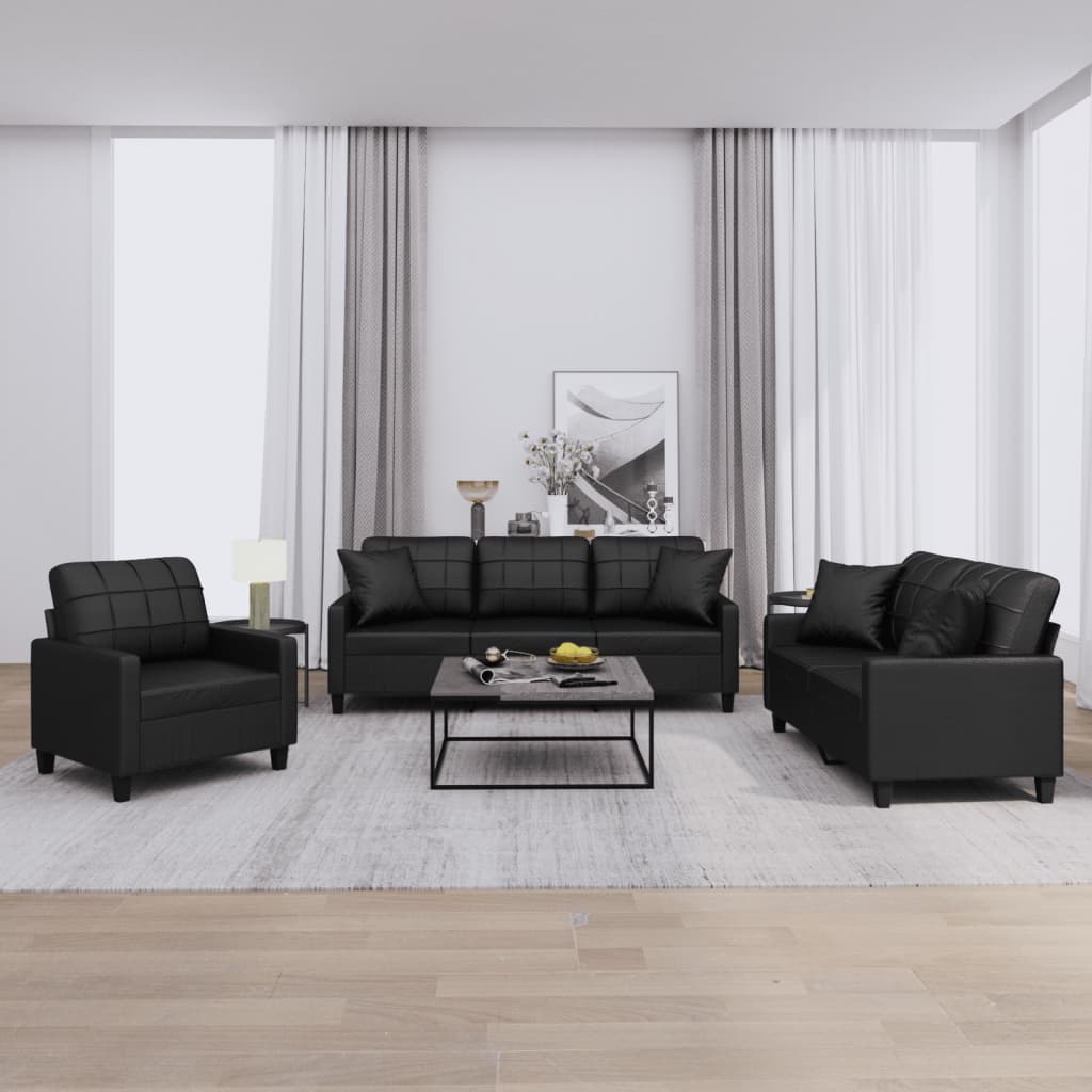 vidaXL 3 Piece Sofa Set with Pillows Black Faux Leather-0