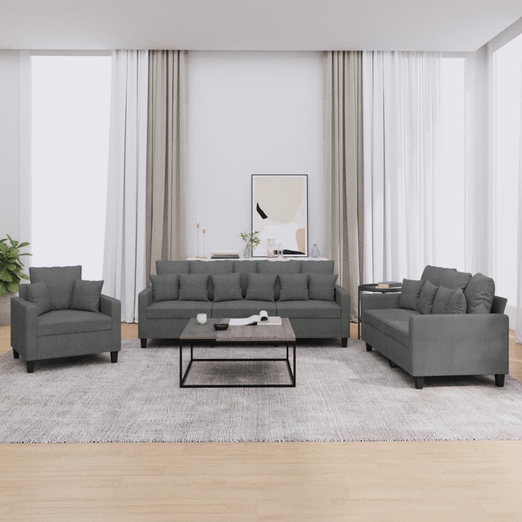 vidaXL 3 Piece Sofa Set with Pillows Dark Gray Fabric-0