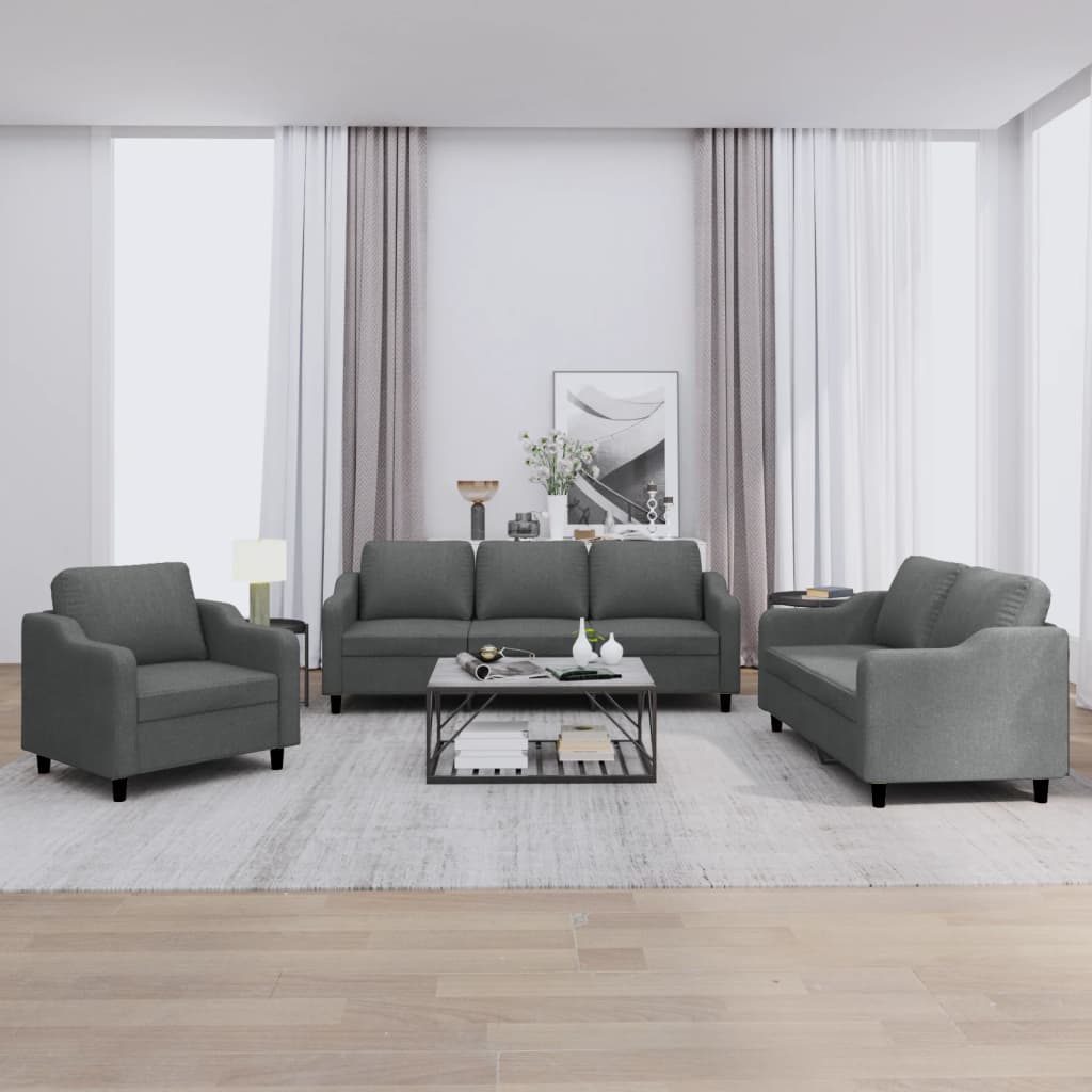 vidaXL 3 Piece Sofa Set with Cushions Dark Gray Fabric-0