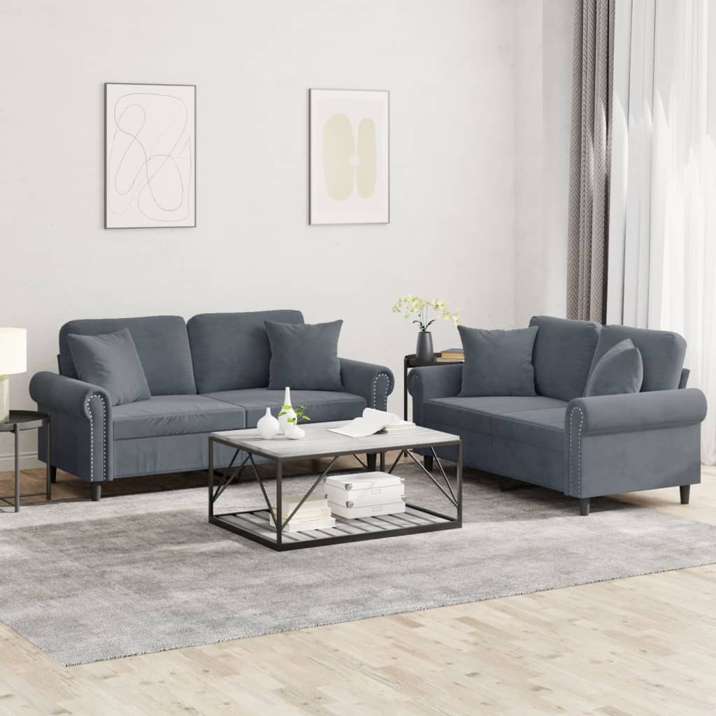 vidaXL 2 Piece Sofa Set with Pillows Dark Gray Velvet-0