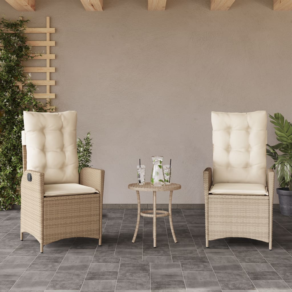 vidaXL Reclining Patio Chairs 2 pcs with Cushions Beige Poly Rattan-0