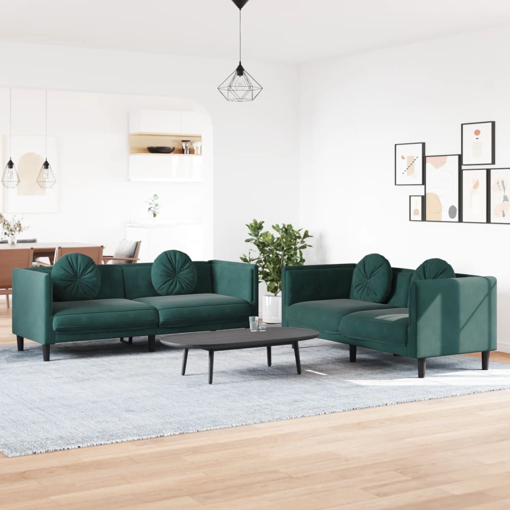 vidaXL 2 Piece Sofa Set with Pillows Dark Green Velvet-0