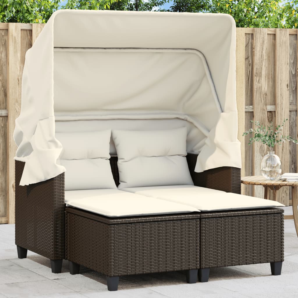 vidaXL Patio Sofa 2-Seater with Canopy and Stools Brown Poly Rattan-0
