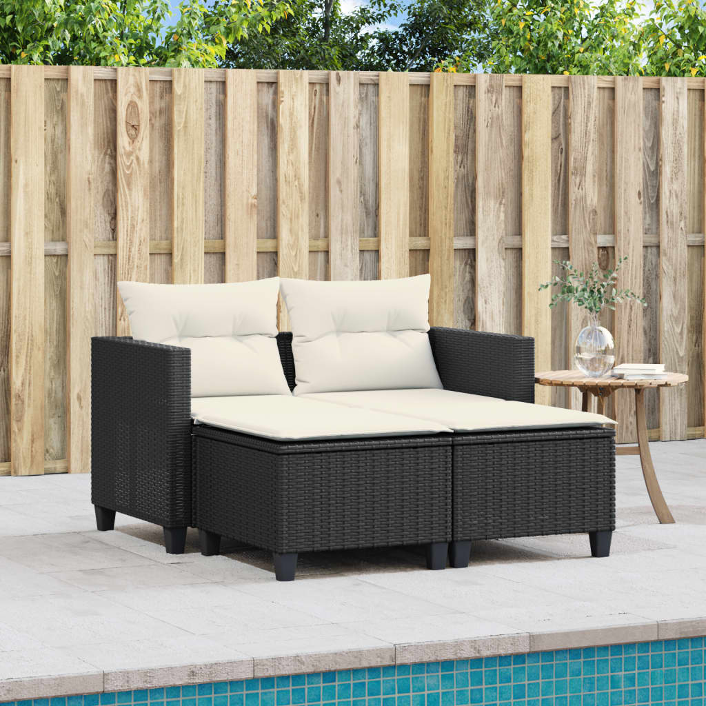 vidaXL Patio Sofa 2-Seater with Stools Black Poly Rattan-1