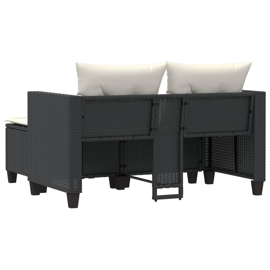 vidaXL Patio Sofa 2-Seater with Stools Black Poly Rattan-5