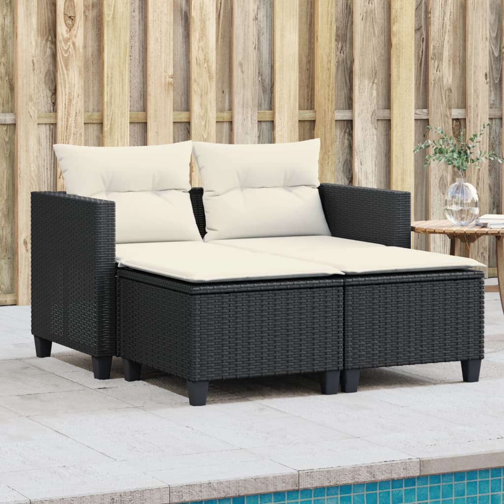 vidaXL Patio Sofa 2-Seater with Stools Black Poly Rattan-0